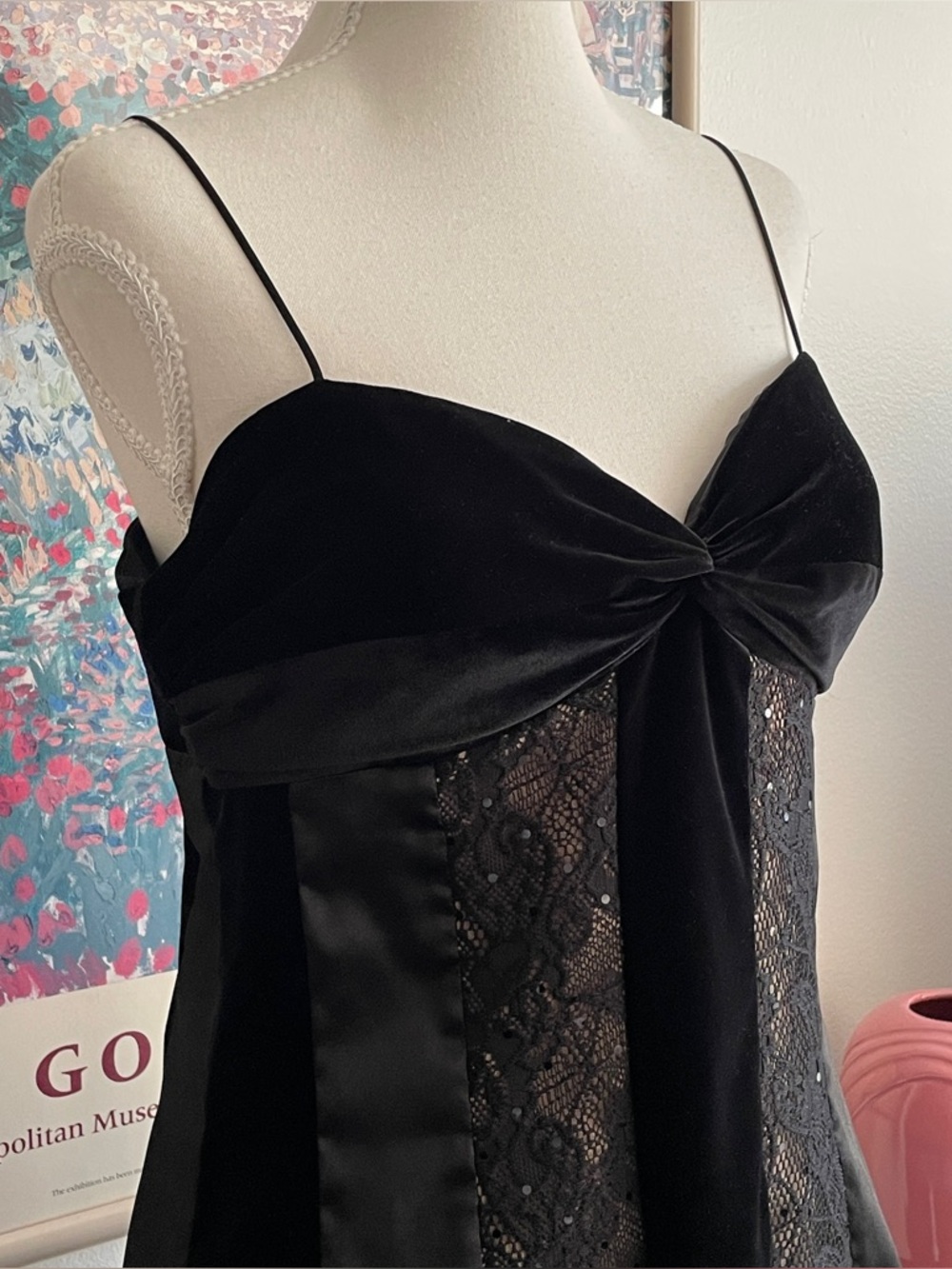 Vintage Caché Bustier Top L Black Velvet Lace Burnout Whimsigoth Vamp 90s Y2K - Picture 5 of 12
